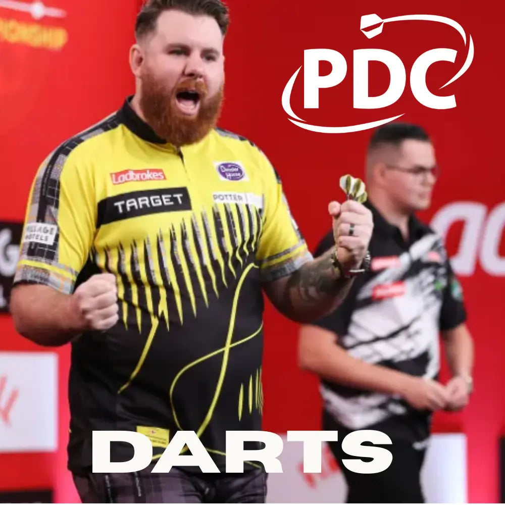 A darts player celebrating with "darts" and "PDC" text prominently displayed for a butlins adult-only arena break