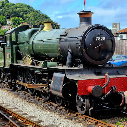 Green steam locomotive with red bumper on railway tracks, surrounded by greenery and a clear sky at Somerset railway in Minehead