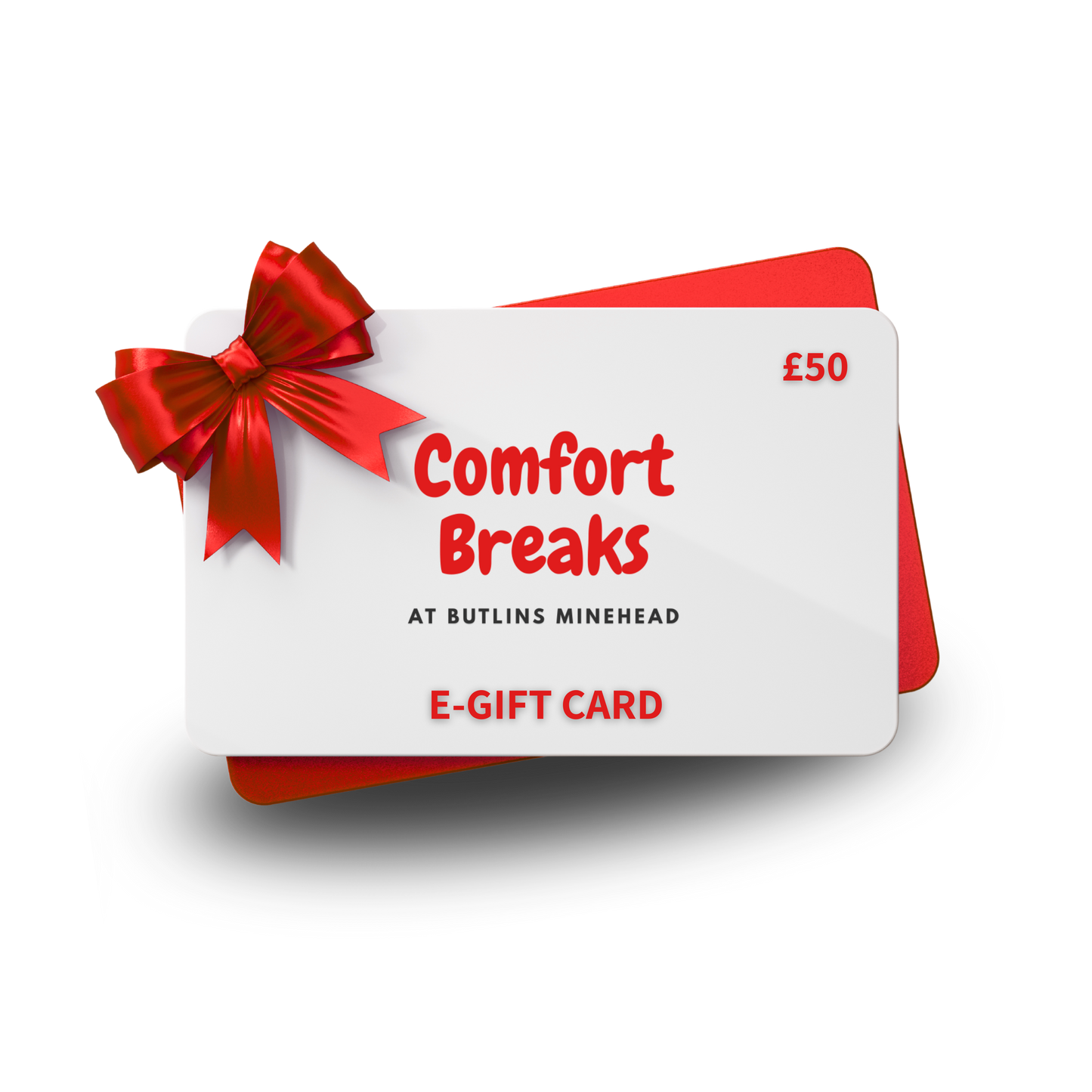 White e-gift card with red text and a red bow on a white background