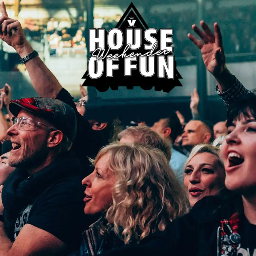 Adult party image with a logo displaying madness "house of fun" for a butlins minehead adult weekender