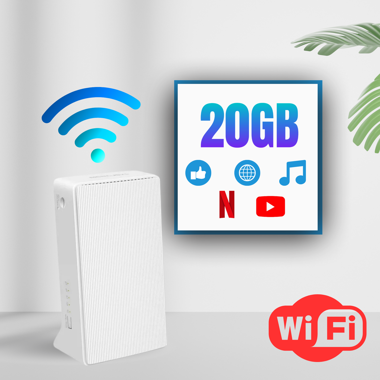 White router with a Wi-Fi signal icon, a framed sign with '20GB' and icons, and a 'WiFi' logo on a light gray background.