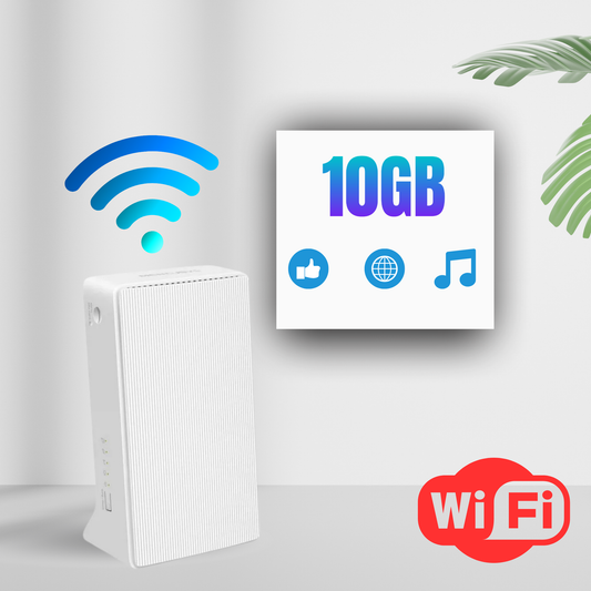 White router with Wi-Fi signal icon, 10GB label, and music note icon on a light gray background.