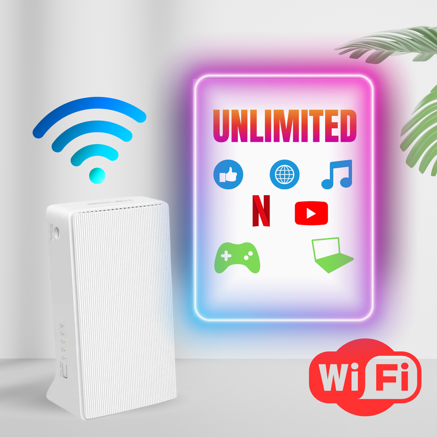 White WiFi router with a neon sign displaying 'UNLIMITED' and various icons on a light gray background.